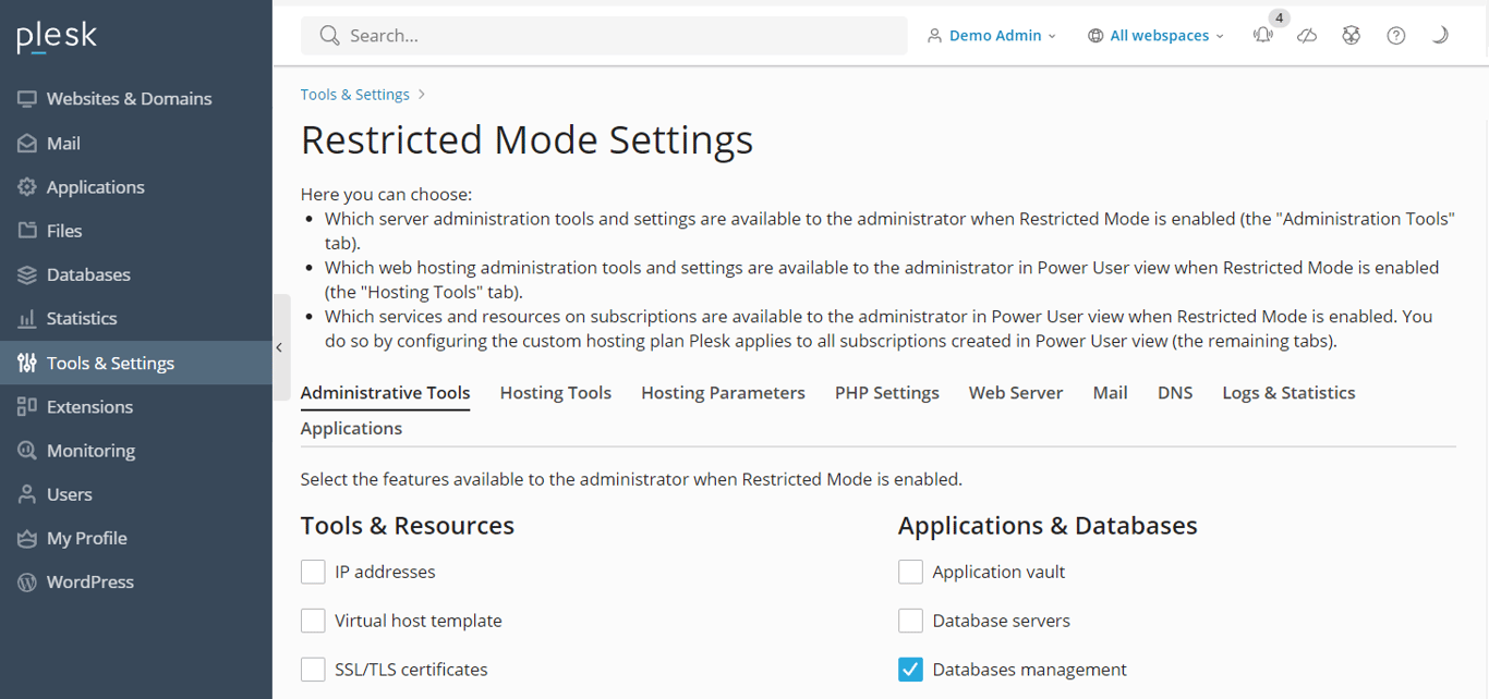 Plesk's Restricted Mode Settings configuration menu