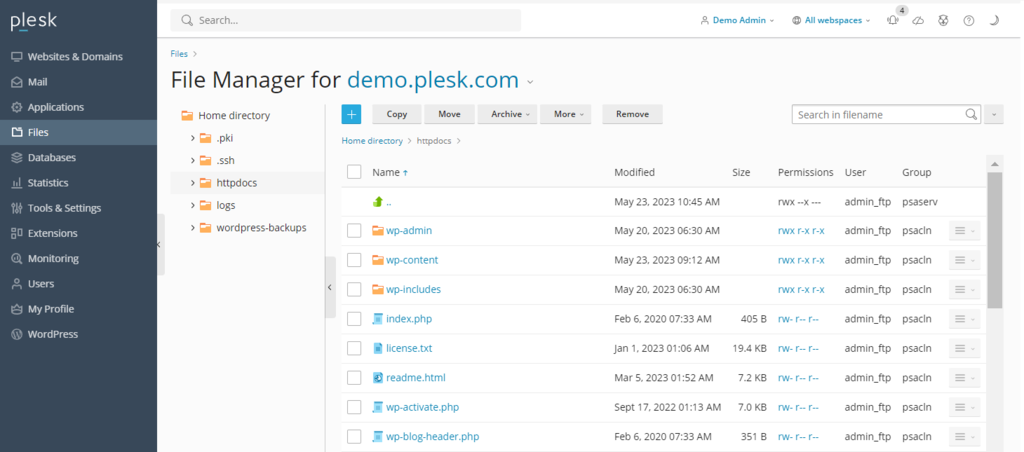 Plesk's built-in file management tool user interface