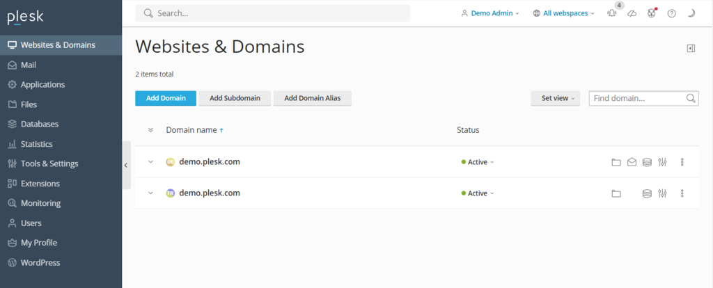 Plesk's power user interface dashboard