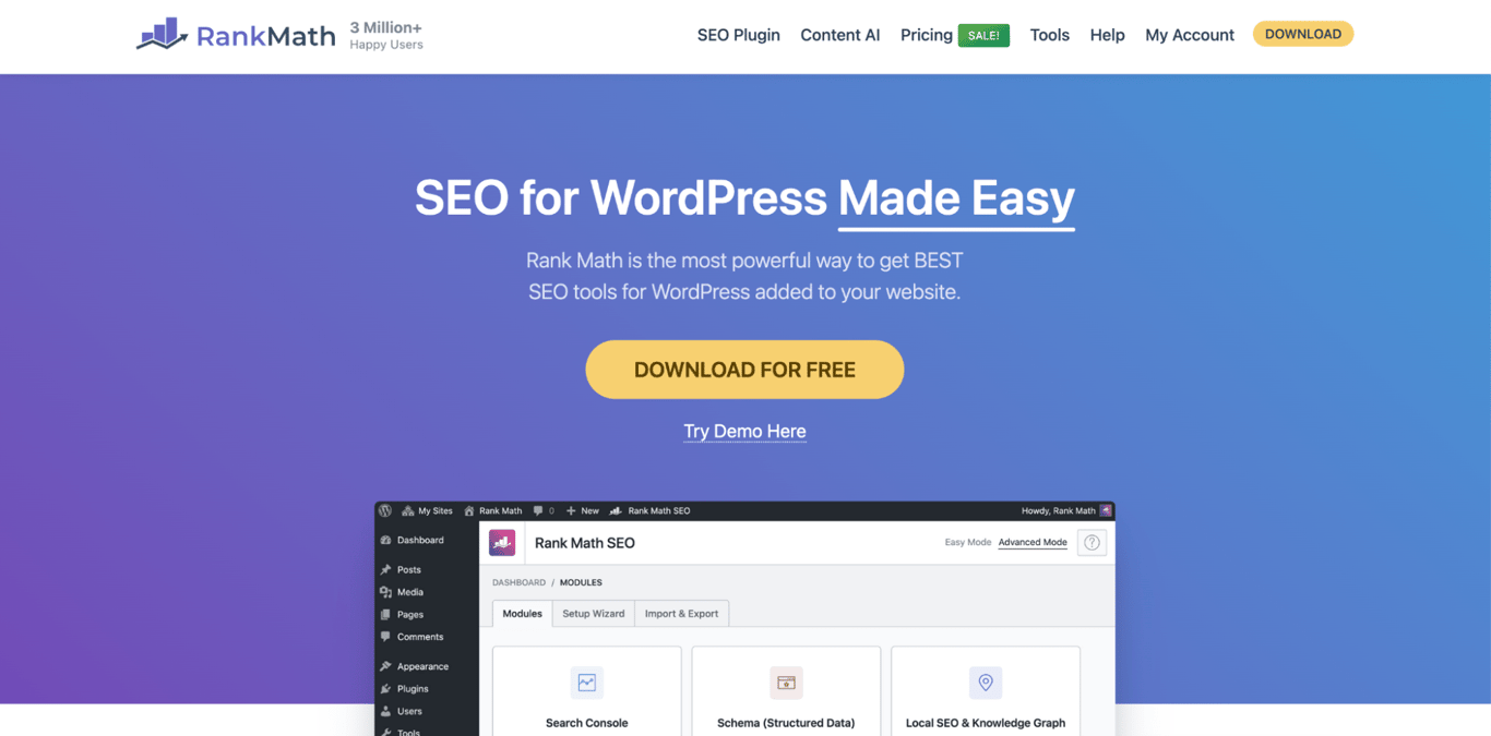Rank Math SEO landing page