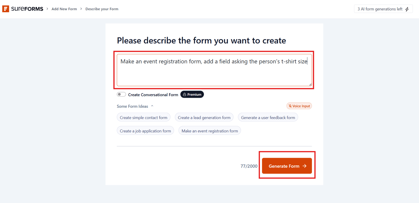 SureForms AI prompt step, showing how to enter the AI prompt to generate form