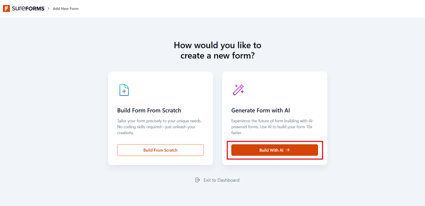 SureForms's form creation wizard, showing the option to build with AI