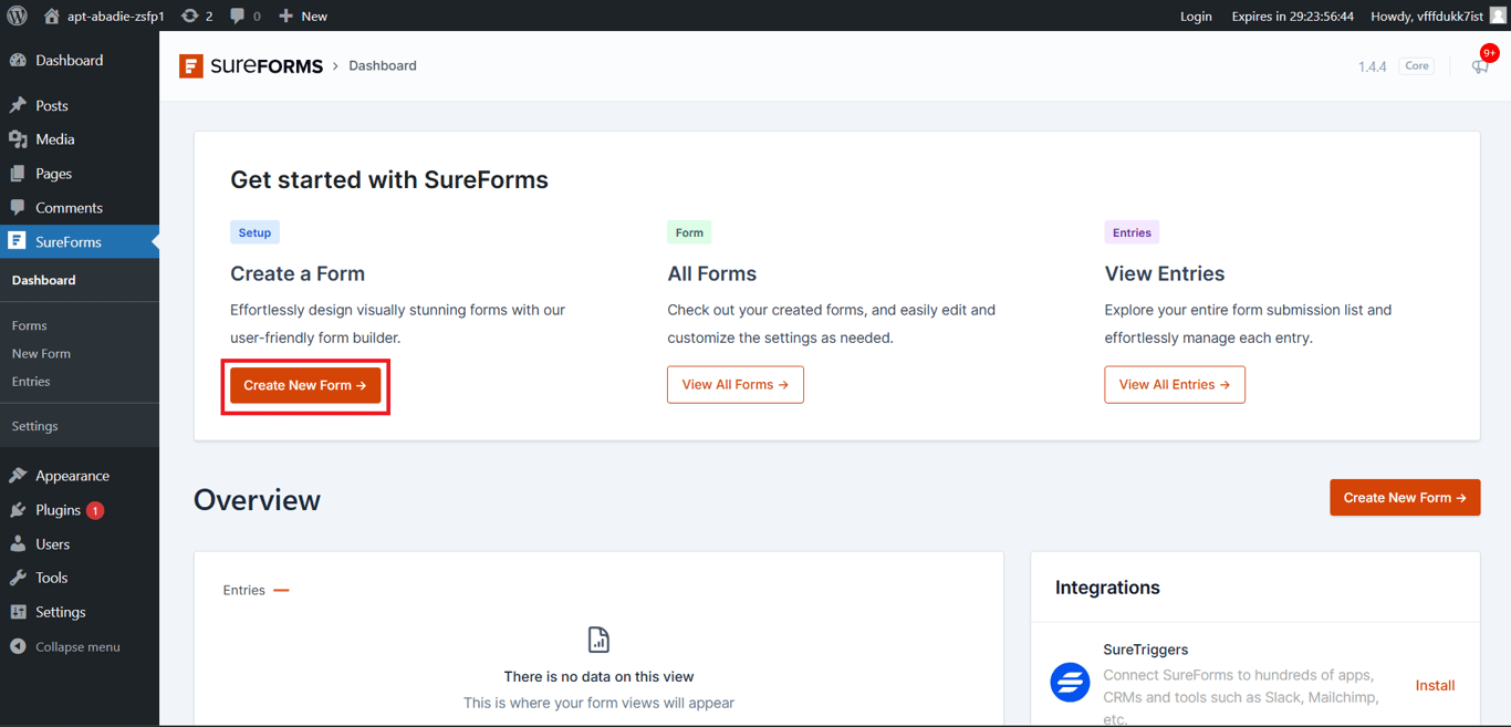SureForms dashboard on WordPress admin, with the Create New Form button highlighted