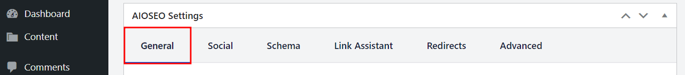 AIOSEO's Settings with General highlighted