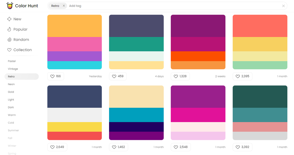 Color schemes tagged as Retro in Color Hunt website.