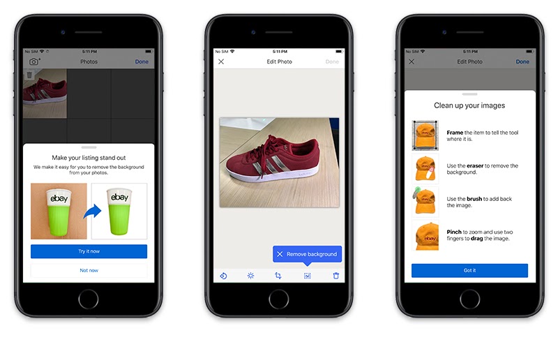 Three mobile displays demonstrate how eBay's Image Clean-up feature works.