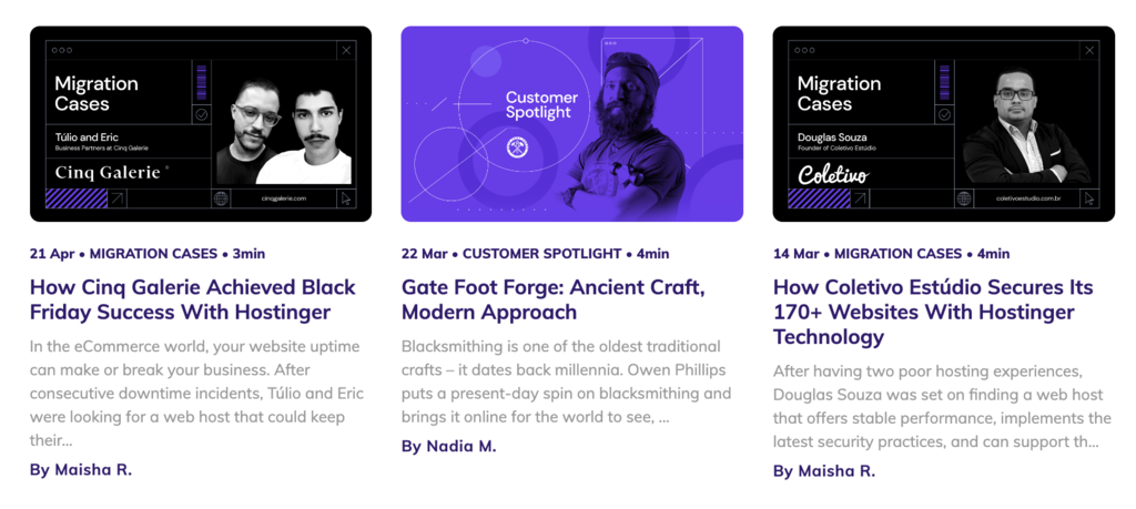 Hostinger's client stories and testimonials on its blog