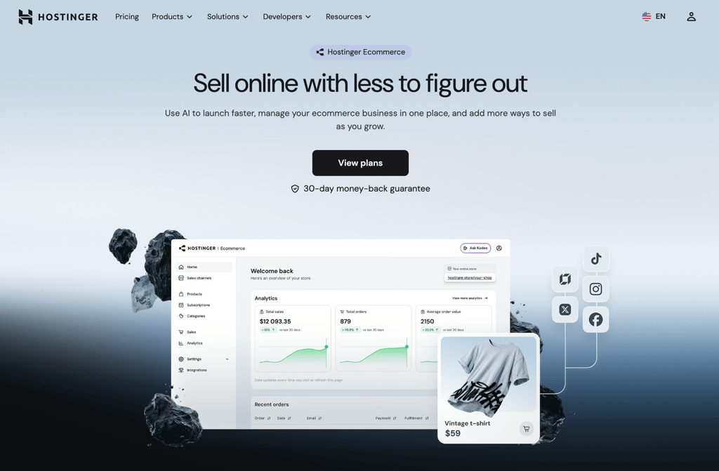 Hostinger Ecommerce landing page with the headline Sell online with less to figure out, a View plans button, and a preview of the store dashboard showing sales analytics, recent orders, and connected sales channels.