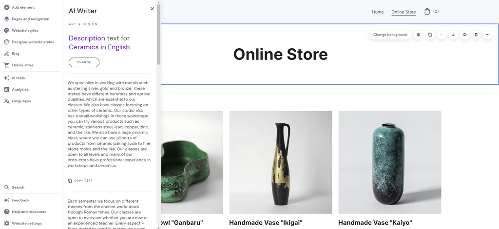 The editor page of Hostinger Website Builder with a sidebar displaying copies generated by AI Writer feature.