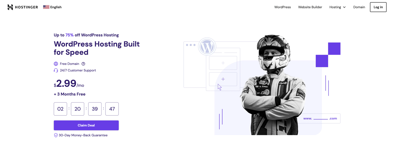 Hostinger's WordPress hosting homepage.