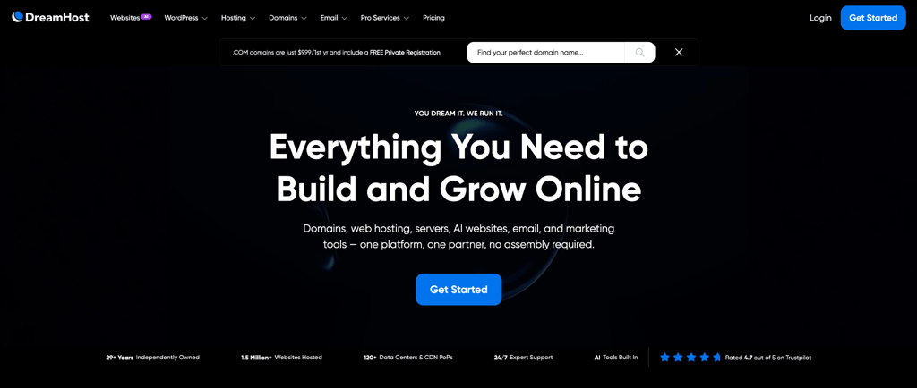 dreamhost DreamHost homepage with the headline Everything You Need to Build and Grow Online, featuring trust indicators: 29+ years independently owned, 1.5 million websites hosted, and a 4.7 out of 5 Trustpilot rating.