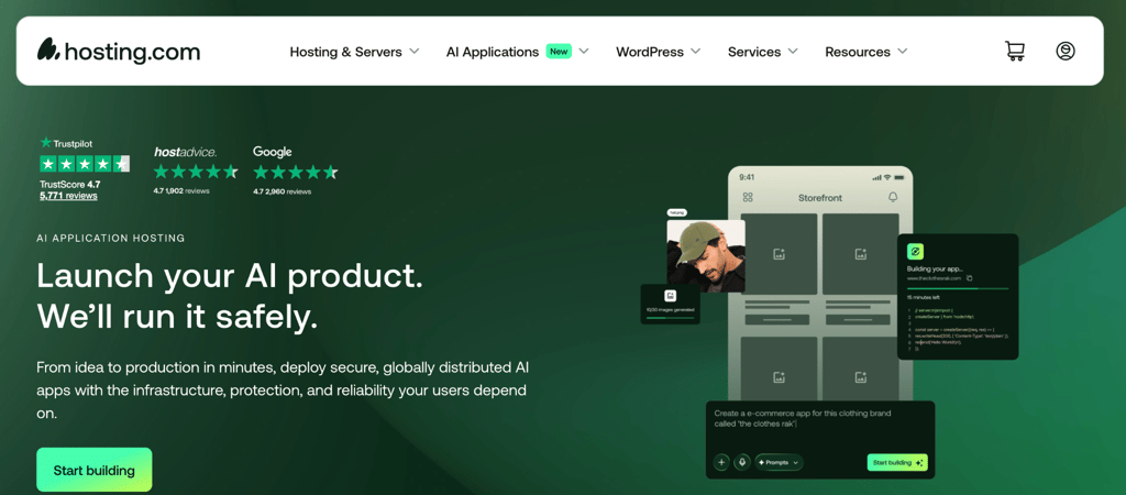 hosting-com hosting.com homepage promoting AI application hosting with the headline Launch your AI product. We'll run it safely, alongside review scores of 4.7 on Trustpilot, hostadvice, and Google from a combined total of over 9,600 reviews.