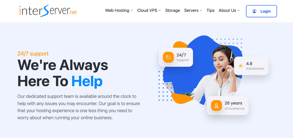interserver InterServer support page with the headline We're Always Here to Help, showing a 4.8 satisfaction score and 26 years of excellence stats alongside a 24/7 support badge.