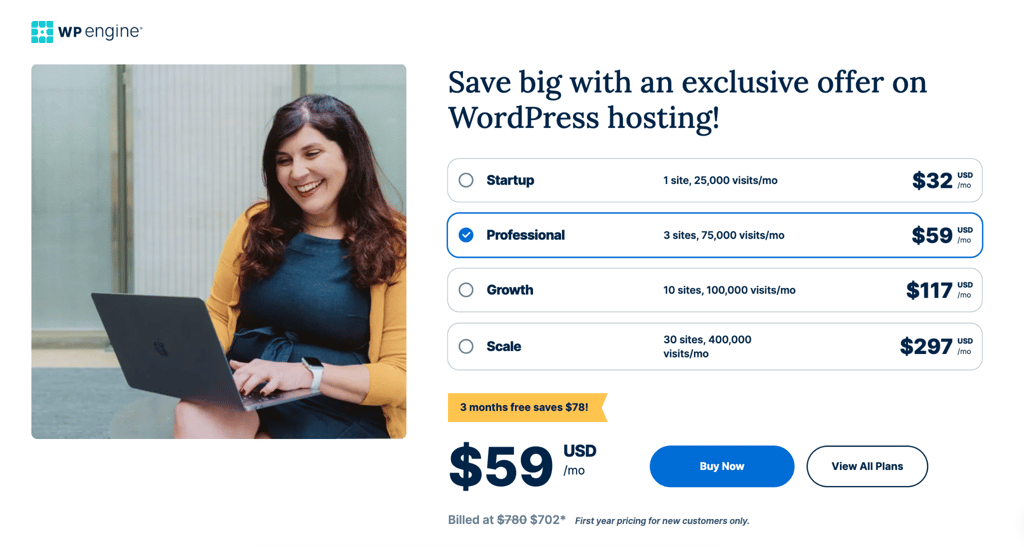 wp-engine WP Engine pricing page listing four managed WordPress plans: Startup at $32/month, Professional at $59/month, Growth at $117/month, and Scale at $297/month, with a note indicating first-year pricing for new customers only.