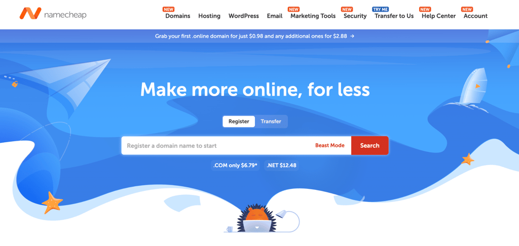 namecheap-webpage Namecheap homepage featuring a domain search bar and the headline Make more online, for less, with .COM domains starting at $6.79 and .NET at $12.48.