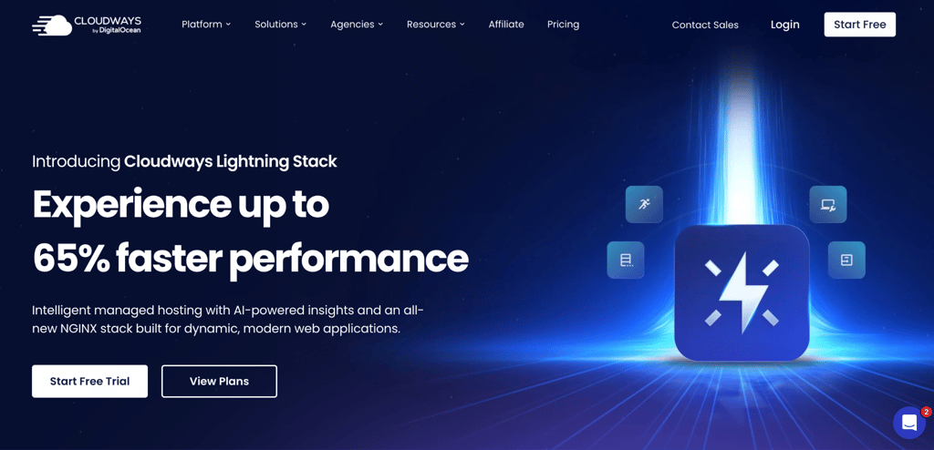 cloudways Cloudways homepage introducing the Lightning Stack, with a headline claiming up to 65% faster performance and two CTAs — Start Free Trial and View Plans — on a dark navy background.