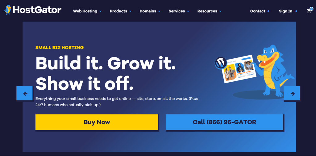 hostgator HostGator homepage targeting small businesses with the headline Build it. Grow it. Show it off., alongside a 24/7 support callout and Buy Now CTA.