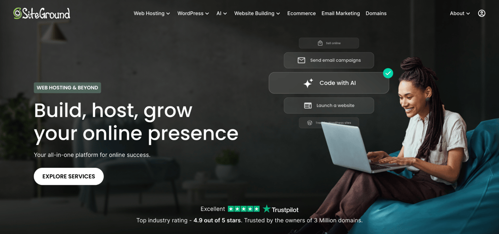siteground SiteGround homepage with the headline Build, host, grow your online presence, displaying an Excellent Trustpilot rating of 4.9 out of 5 and a note of 3 million domains hosted.