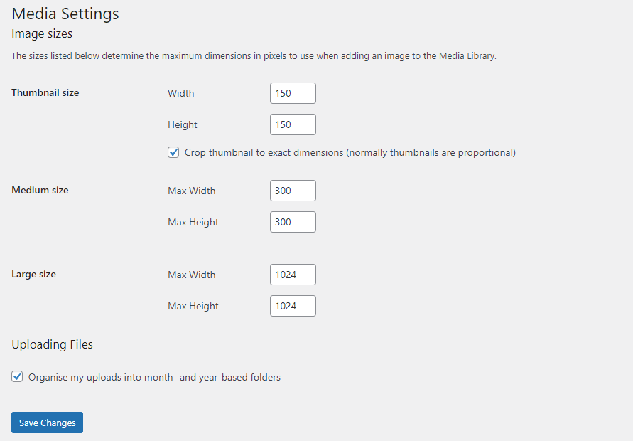 WordPress image sizes media settings