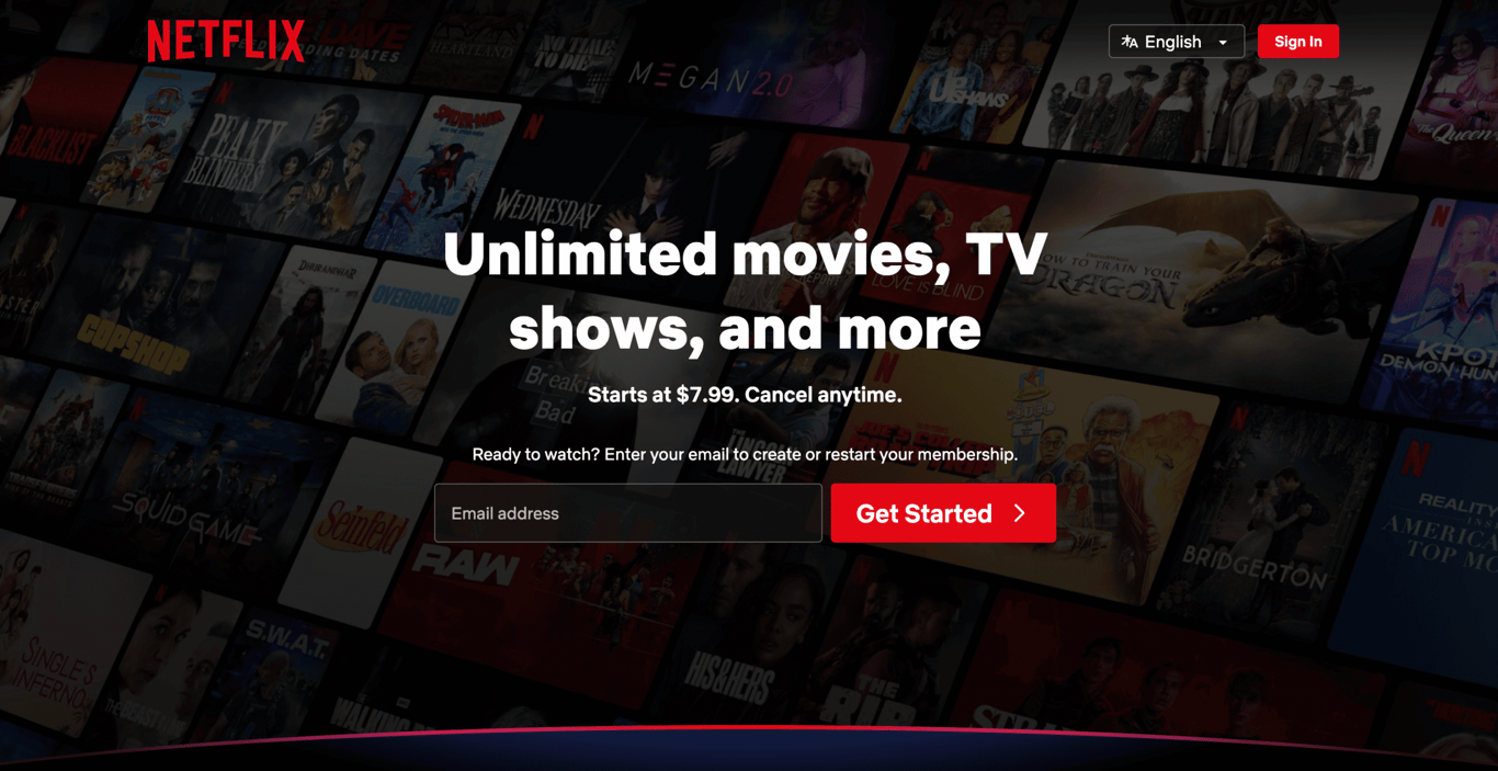 Homepage of Netflix and media website example