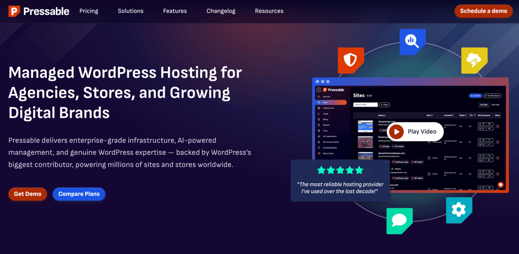 Pressable homepage with the headline Managed WordPress Hosting for Agencies, Stores, and Growing Digital Brands, showing a dashboard preview and a five-star customer testimonial.