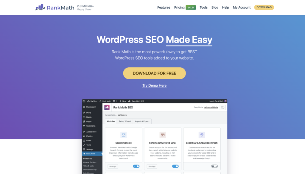 RankMath landing page