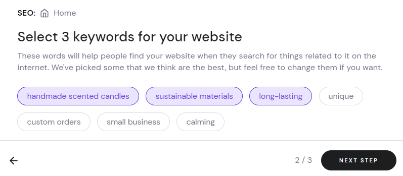 Selecting keywords for your website using Hostinger Website Builder's SEO tool.