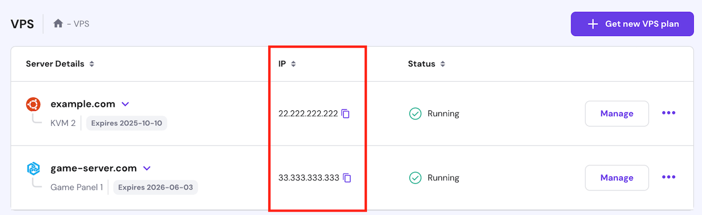 VPS IP addresses on hPanel's VPS list menu