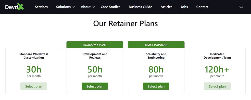 DevriX retainer plans by number of hours