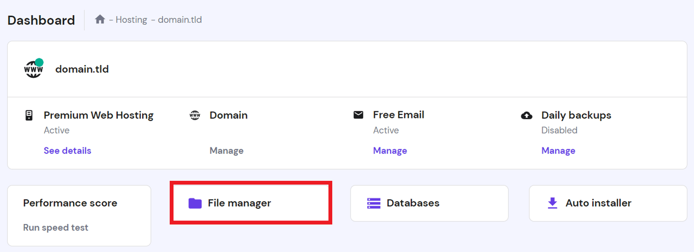 The File Manager button in hPanel website management menu