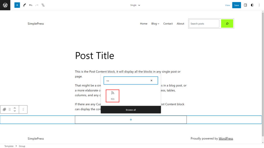 The block inserter highlighting the RSS block