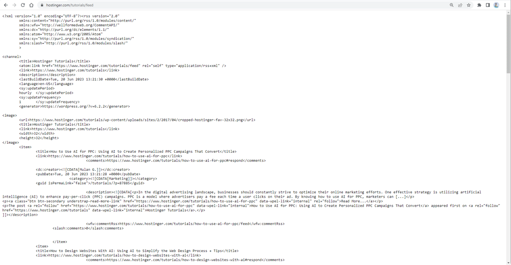 Hostinger Tutorial's RSS Feed XML page