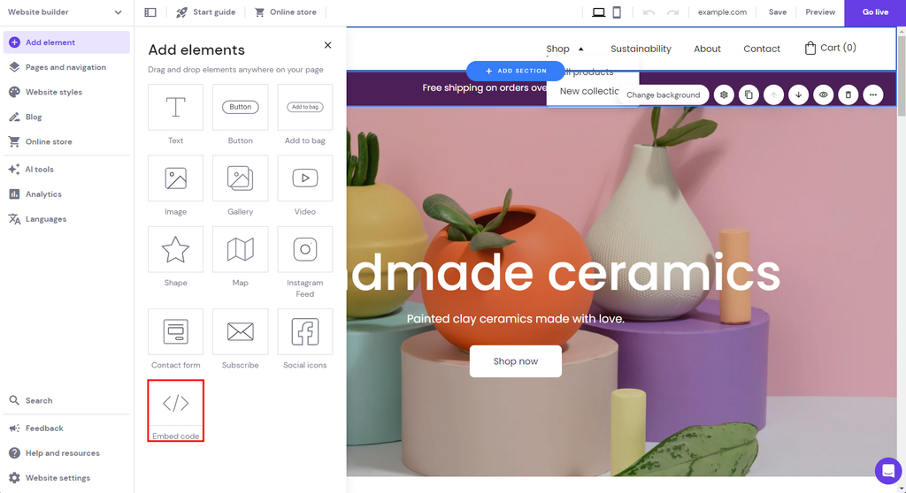Hostinger Website Builder editor interface with the Embed Code option highlighted.