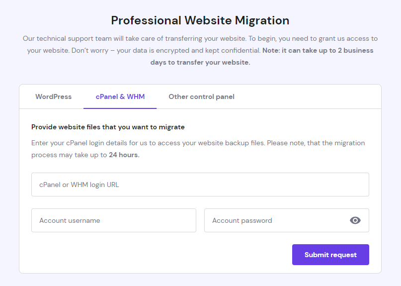 The website migration request form on hPanel.