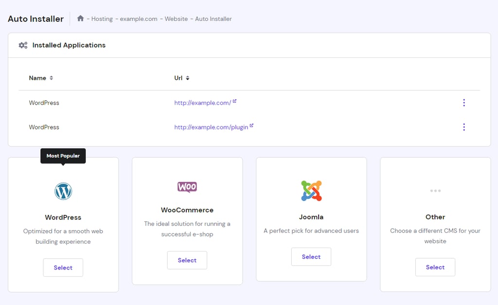 The auto-installer menus in hPanel.