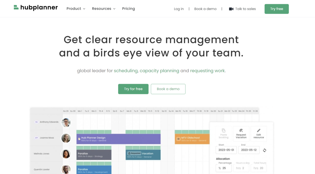 Hub Planner's landing page
