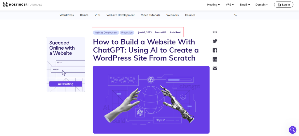 Screenshot of a Hostinger Tutorials article highlighting the post meta data