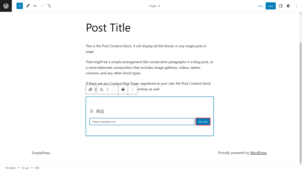 The RSS block in the block editor highlighting the Use URL button