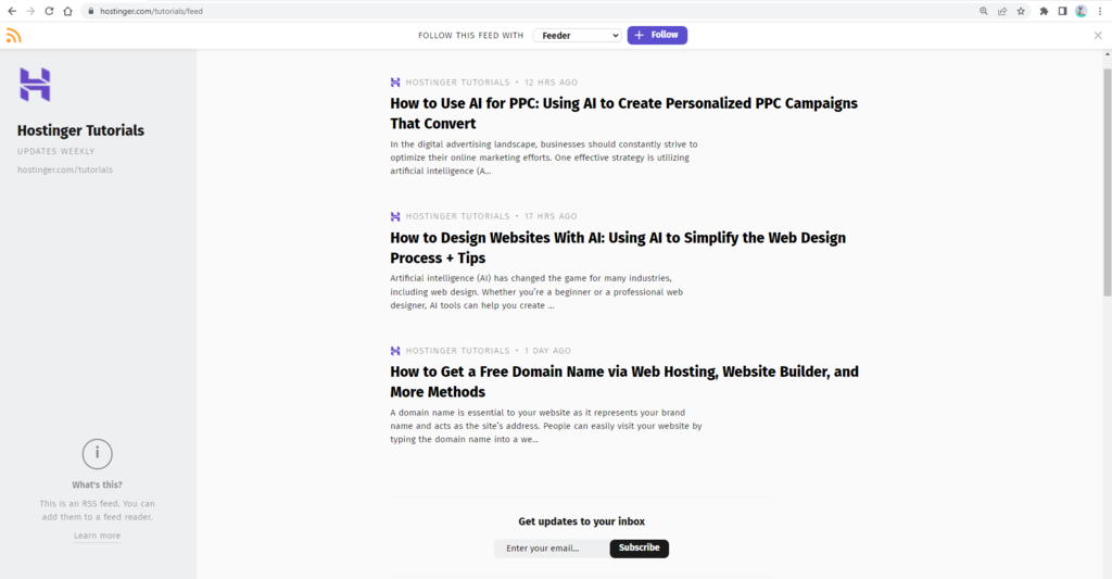 The RSS Feed Reader extension showing Hostinger Tutorials RSS feed