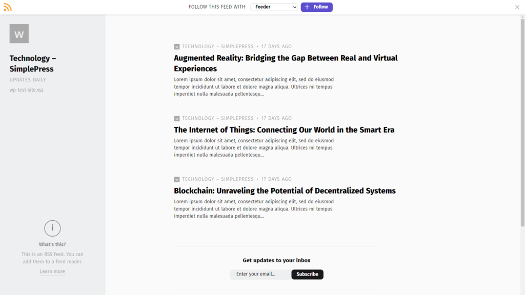 The RSS Feed Reader extension showing a website's RSS feed on the Technology category