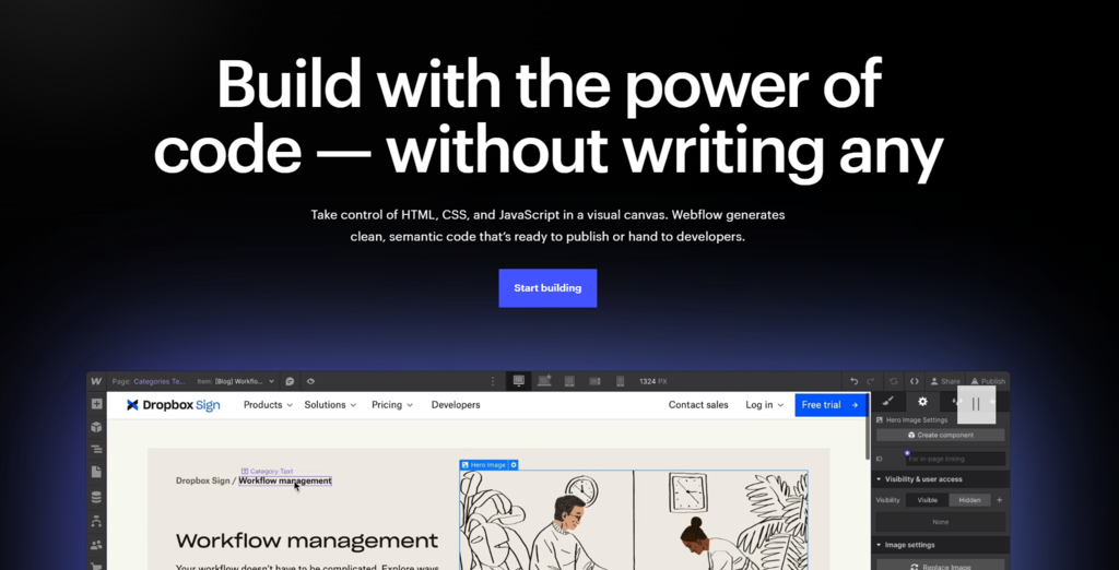 The homepage of Webflow's website.