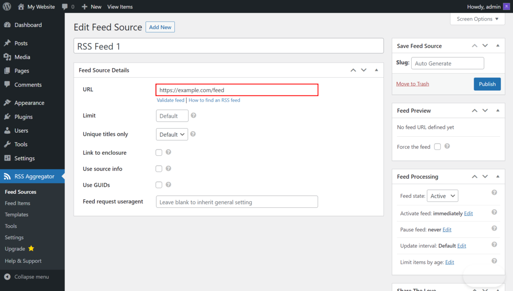 WP RSS Aggregator's Edit Feed Source with the site URL highlighted