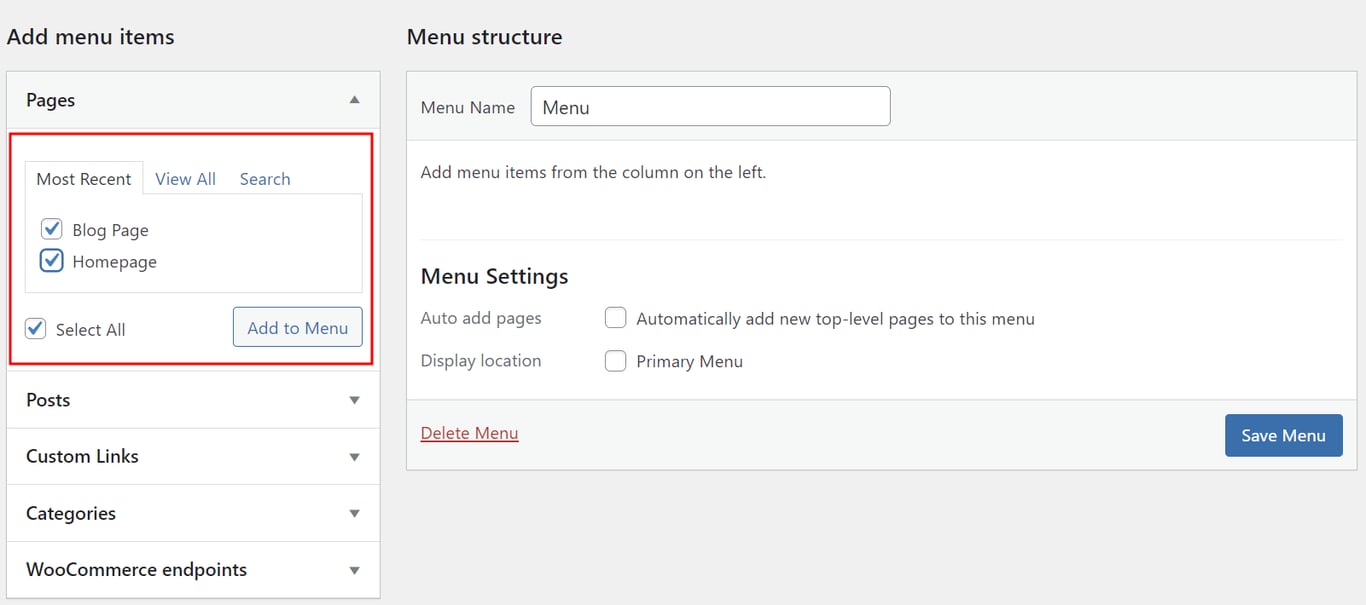 The Add menu items section in WordPress highlighting the Pages tab
