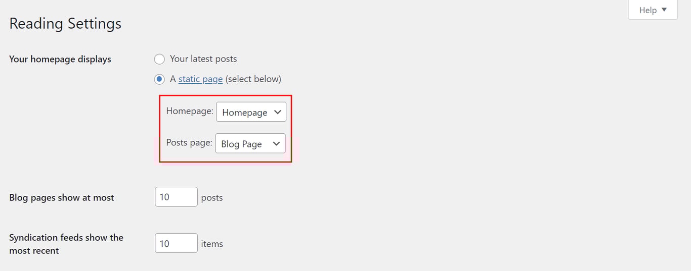The Reading Settings section in WordPress highlighting the Homepage and Posts page drop-down menus