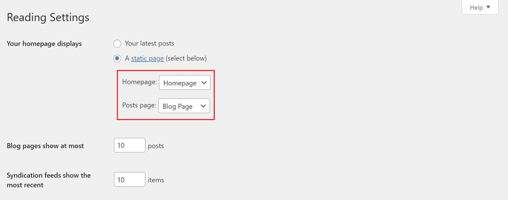 The Reading Settings section in WordPress highlighting the Homepage and Posts page drop-down menus