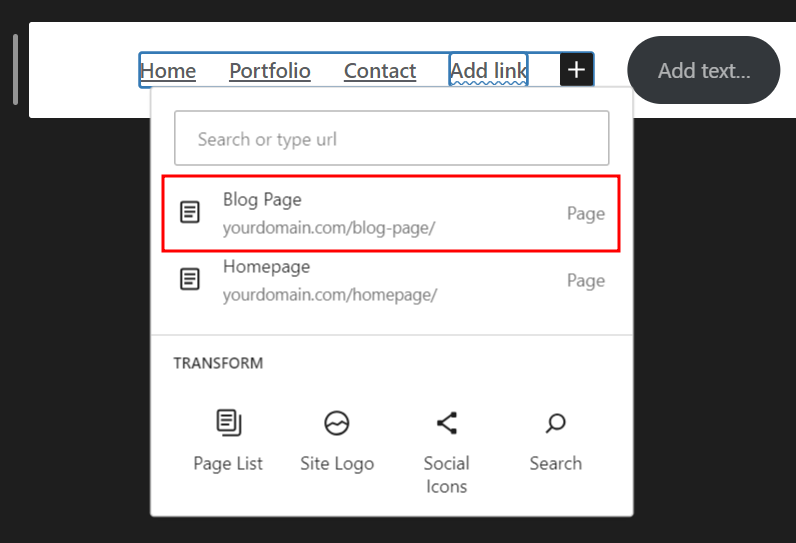 Then Blog Page search result when adding a page to the navigation menu