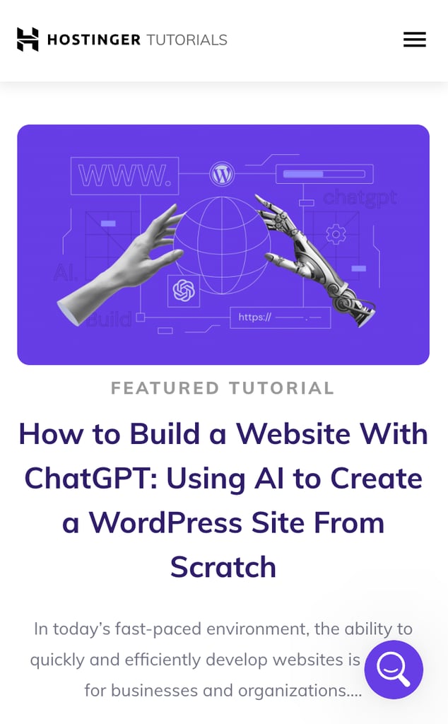 Hostinger Tutorials page as viewed from a mobile device