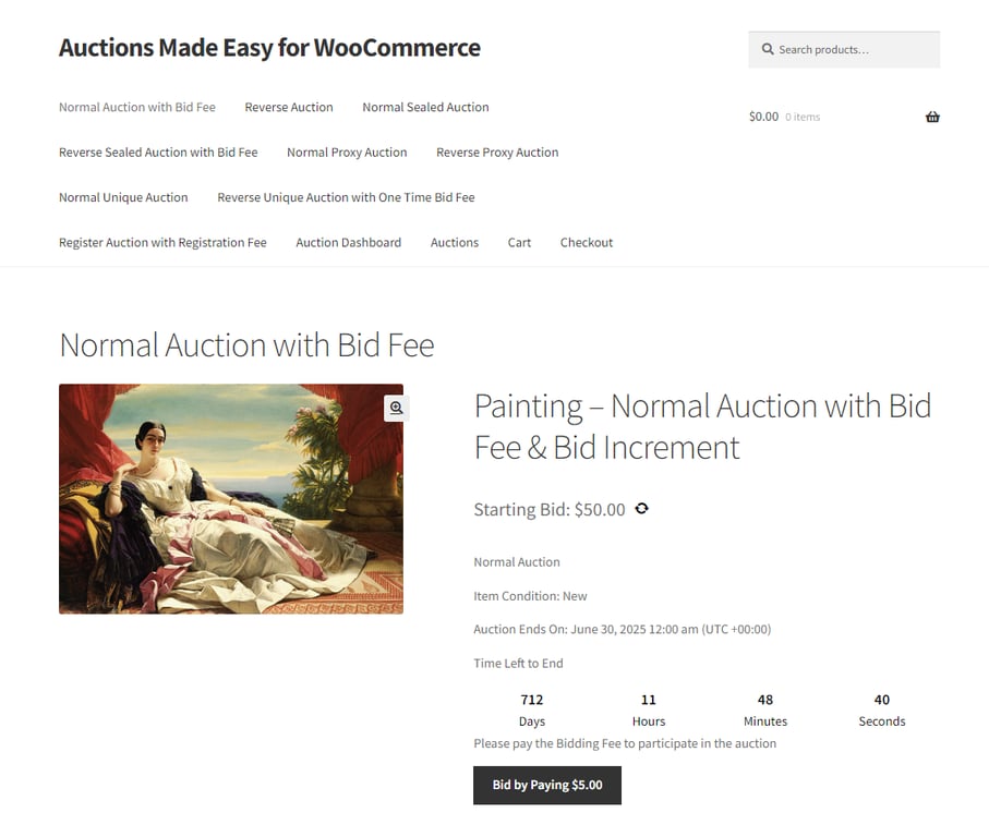 The demo page of Auctions Made Easy for WooCommerce plugin