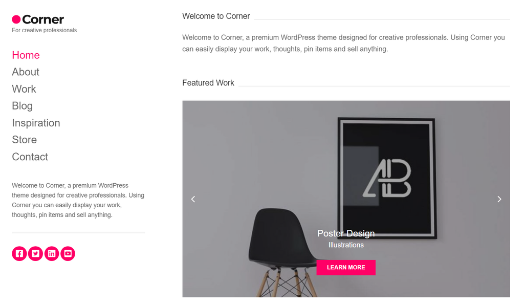 The Corner theme's demo site homepage