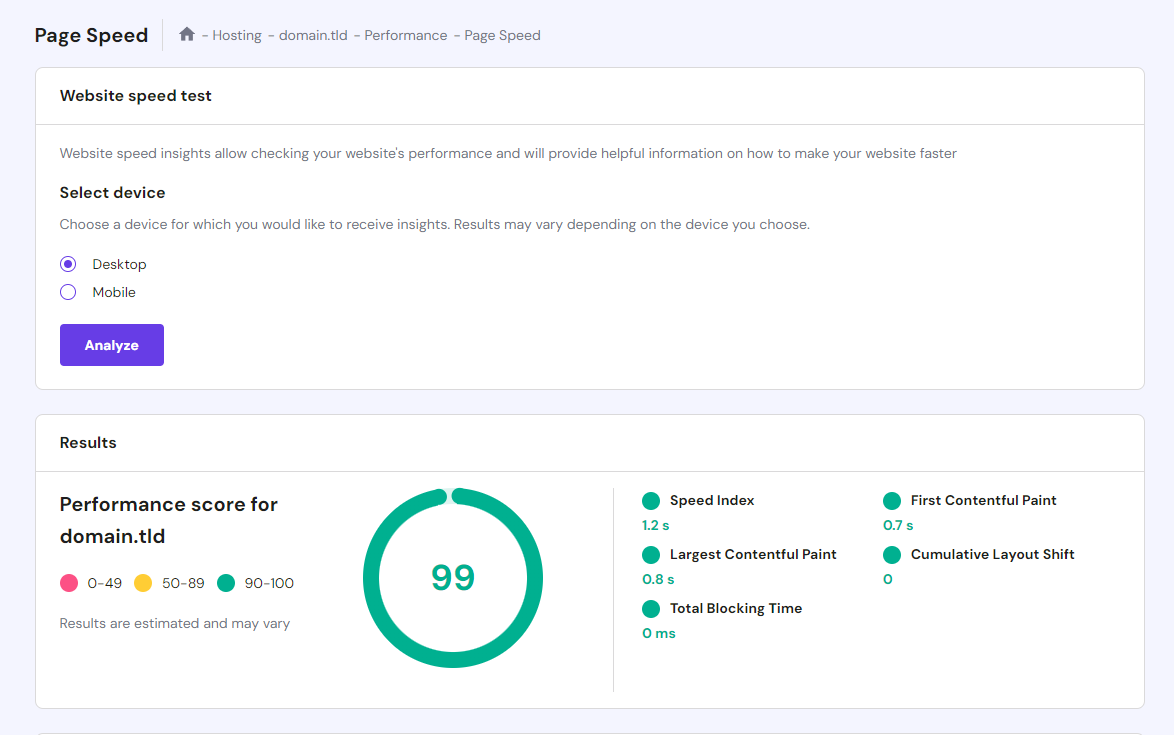 Hostinger's PageSpeed Insights integration on hPanel